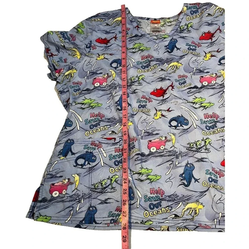 Dr. Seuss Help Save Our Oceans Medical Scrub Top 3XL Light Blue 2 Pocket V-Neck - Picture 6 of 6